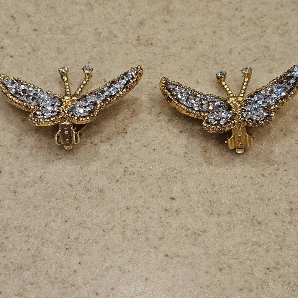 RARE HAUTE COUTURE DESIGNER SIMAN TU BUTTERFLY CRYSTAL GOLD STATEMENT EARRINGS